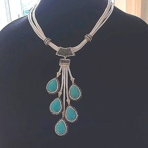 925 Silver Turquoise & Swarovski Crystal 5 Teardrop luxury necklace Turkish